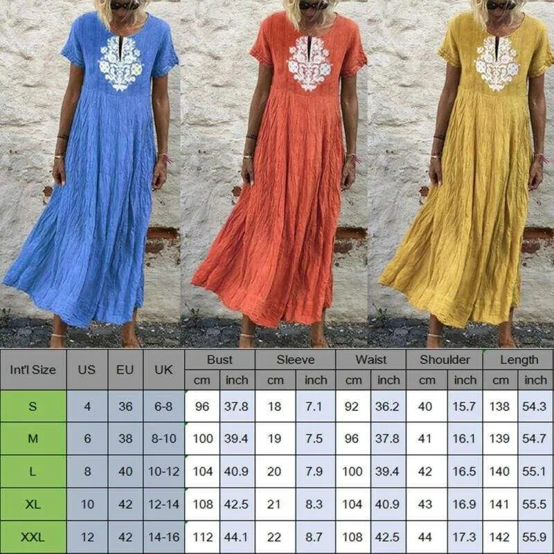 FashionSierra - Women Peasant Ethnic Boho Cotton Linen Long Sleeve Maxi Dress