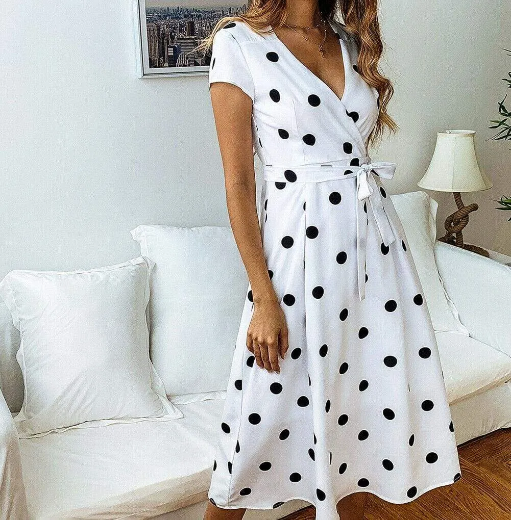 FashionSierra - Women Polka Dot Midi Dress Fashion Ladies Boho Short Sleeve V Neck Summer Beach Party Casual Long Sundress