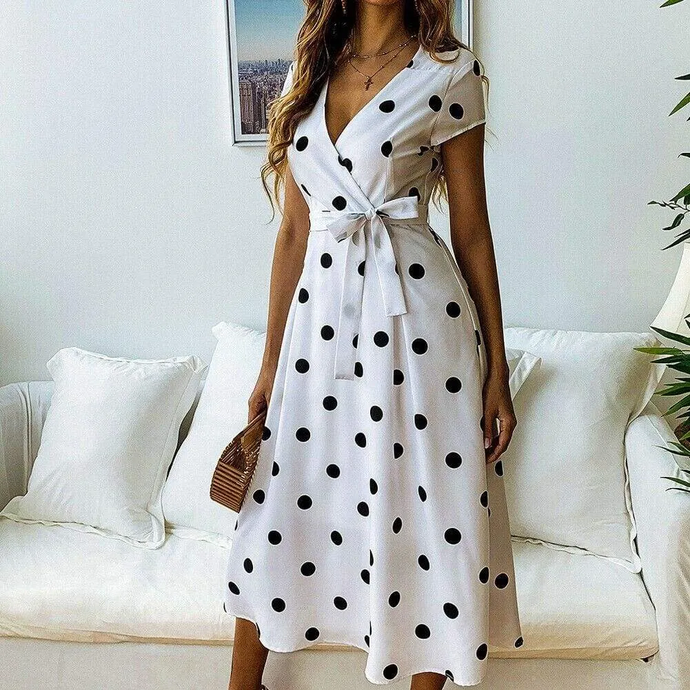 FashionSierra - Women Polka Dot Midi Dress Fashion Ladies Boho Short Sleeve V Neck Summer Beach Party Casual Long Sundress