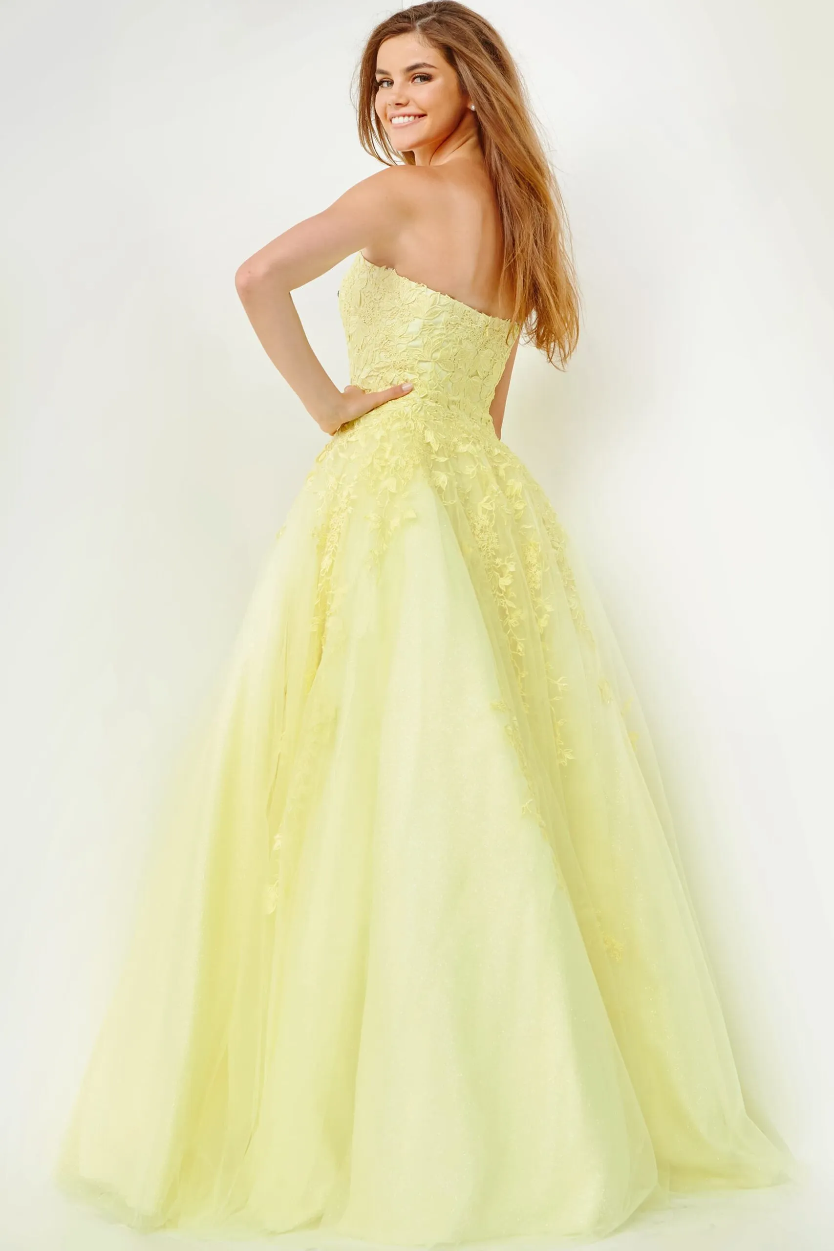 Floral Applique Strapless A-line Gown by Jovani 1831