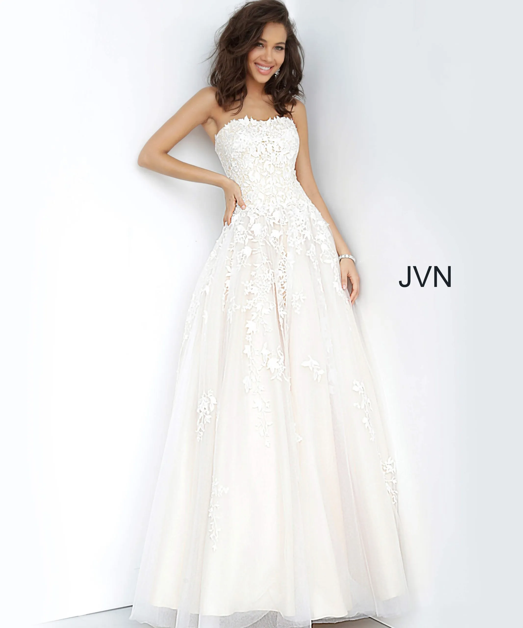 Floral Applique Strapless A-line Gown by Jovani 1831