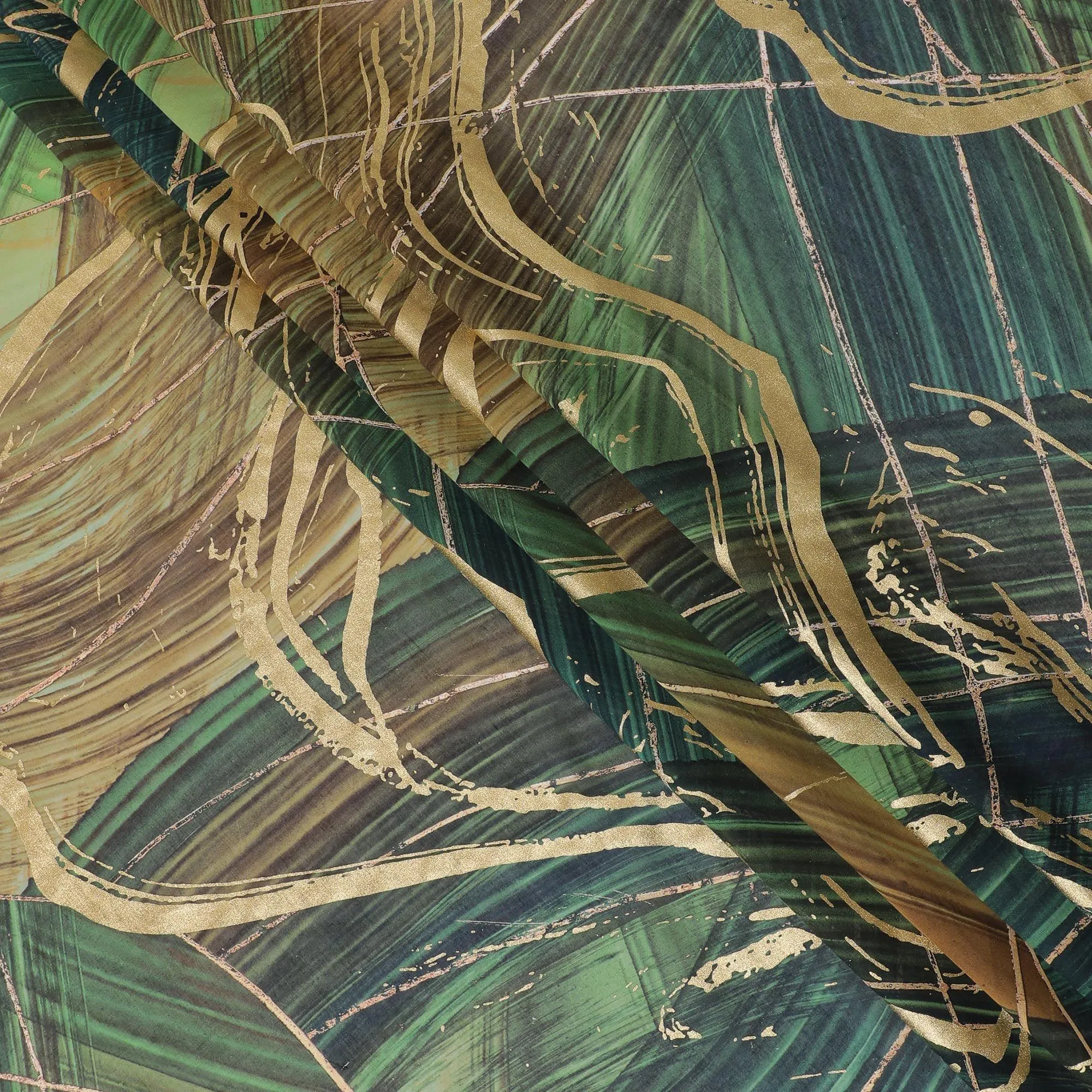 Forest green Premium pure Italian cotton voile fabric with same tone, black, petrol blue print having golden foil in abstract design-D15705
