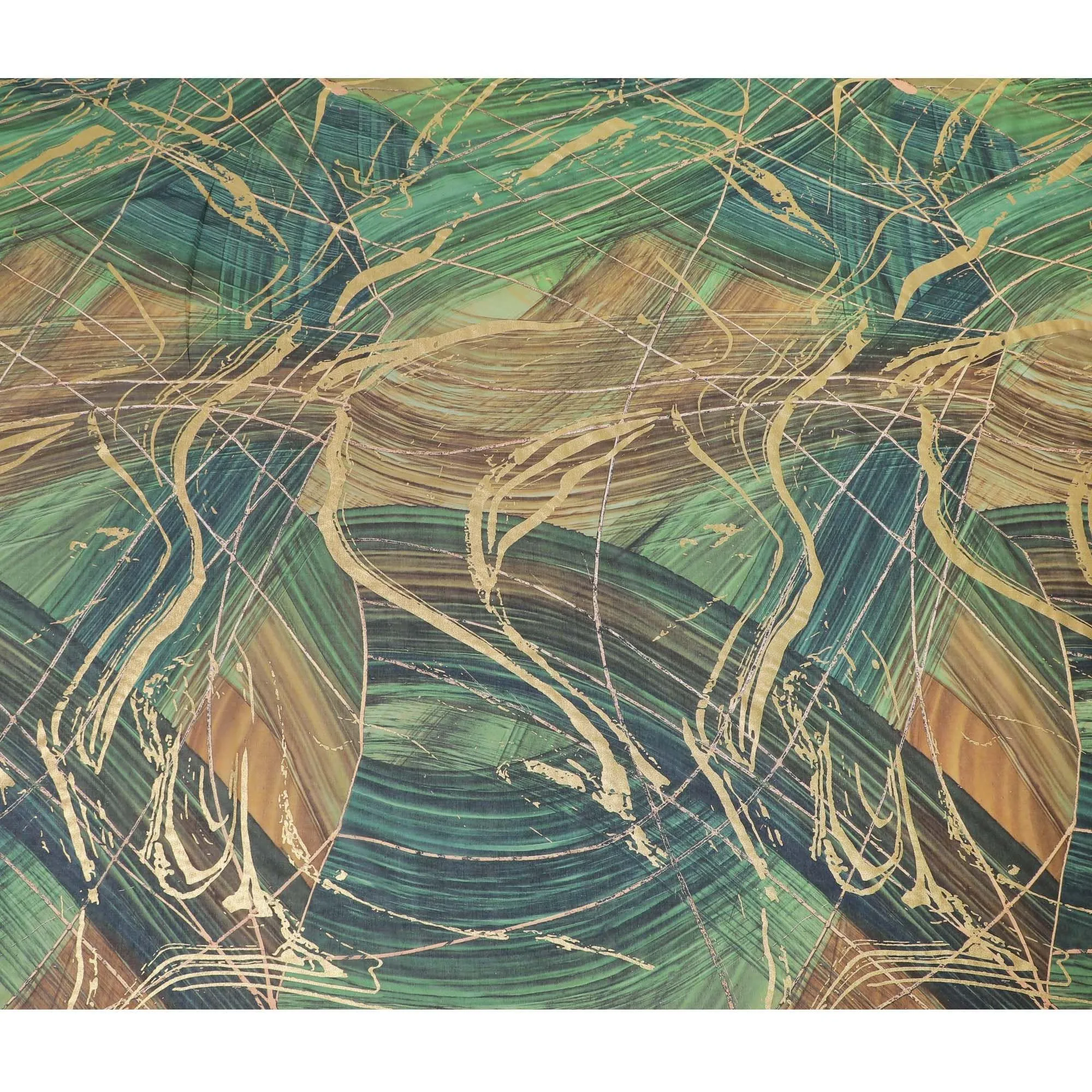 Forest green Premium pure Italian cotton voile fabric with same tone, black, petrol blue print having golden foil in abstract design-D15705