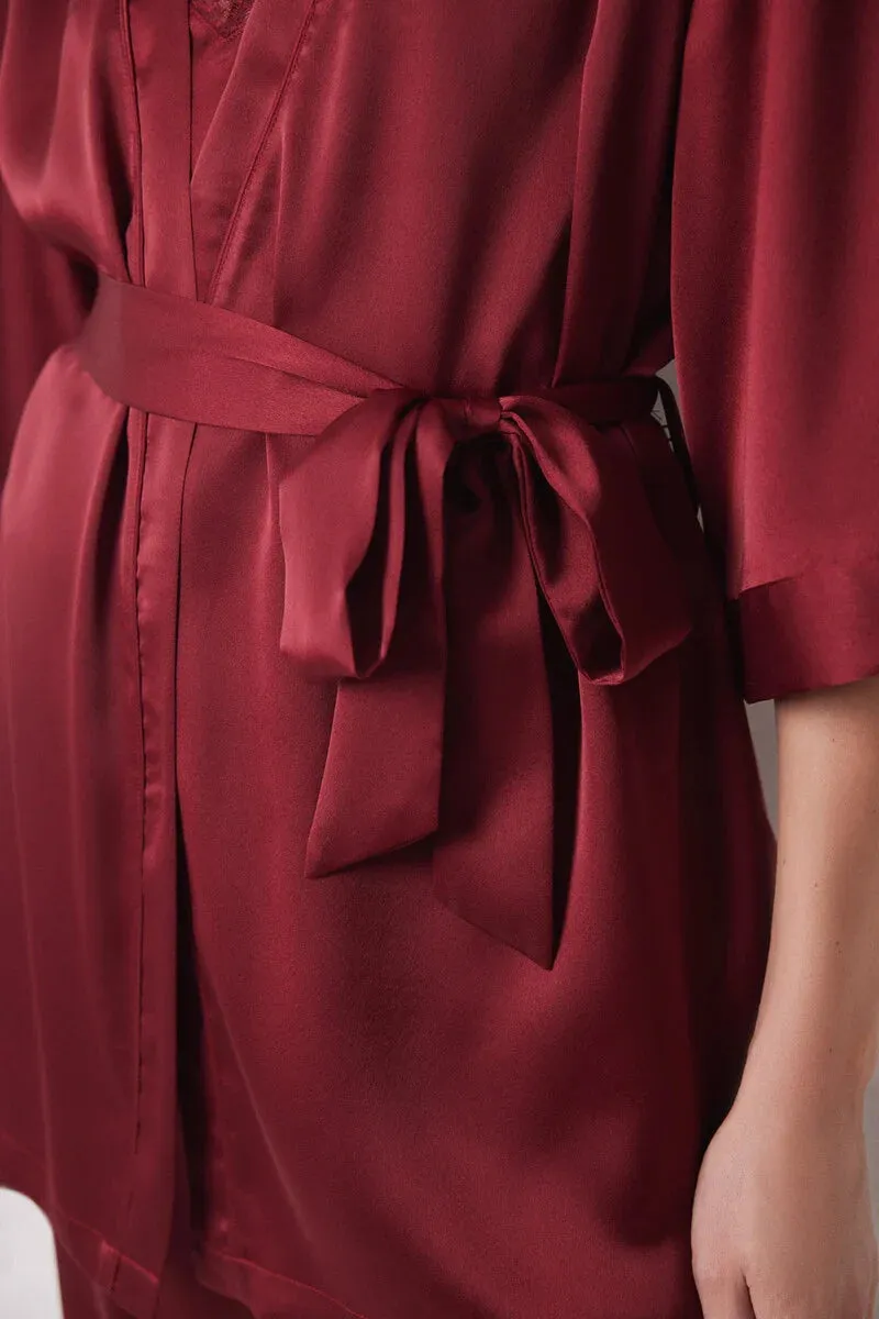 Garnet satin robe, top and pyjamas trouser set