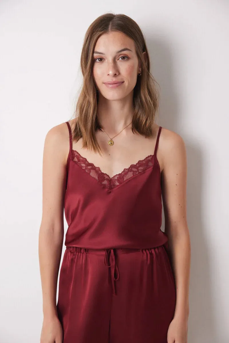 Garnet satin robe, top and pyjamas trouser set