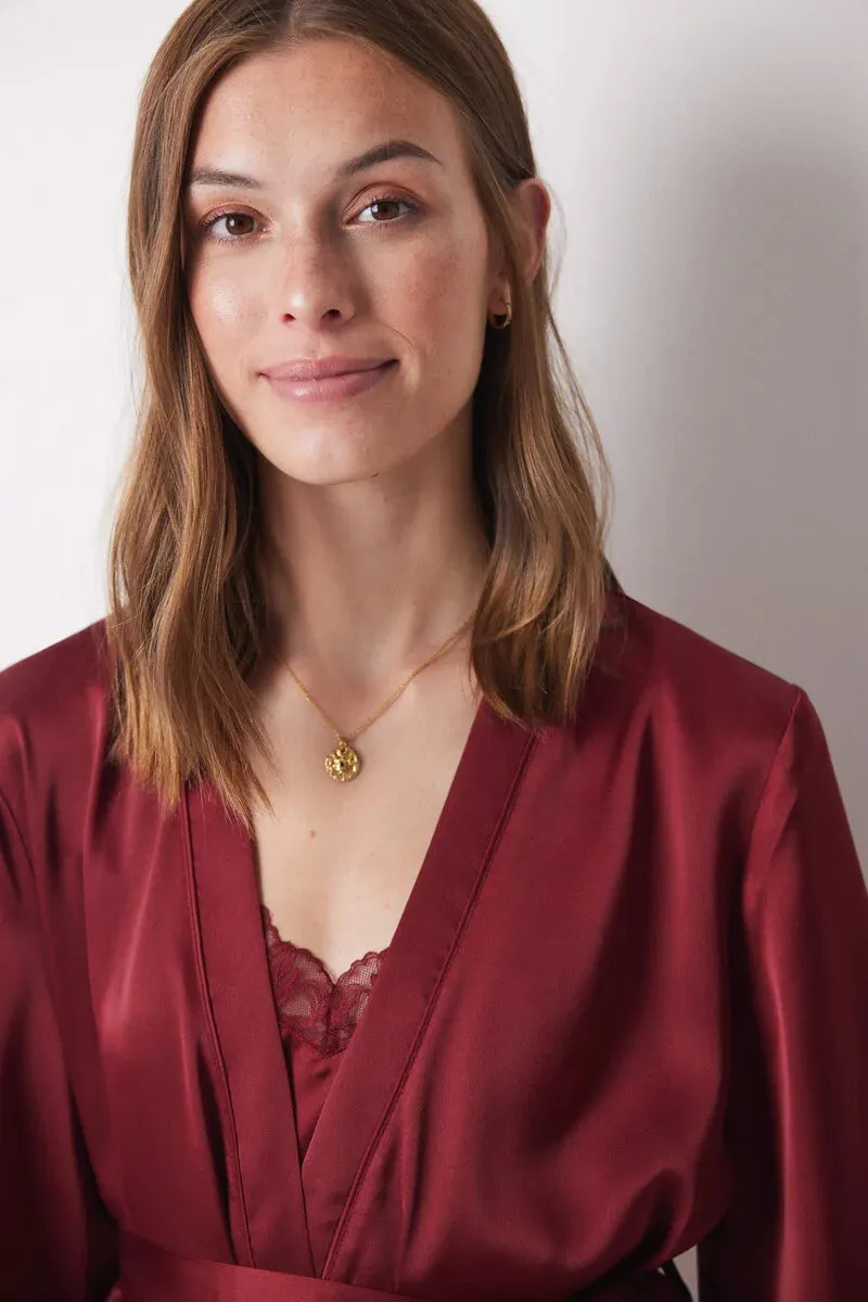 Garnet satin robe, top and pyjamas trouser set