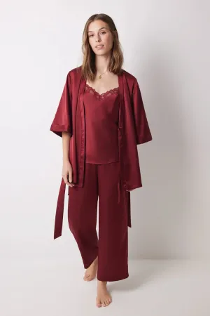 Garnet satin robe, top and pyjamas trouser set