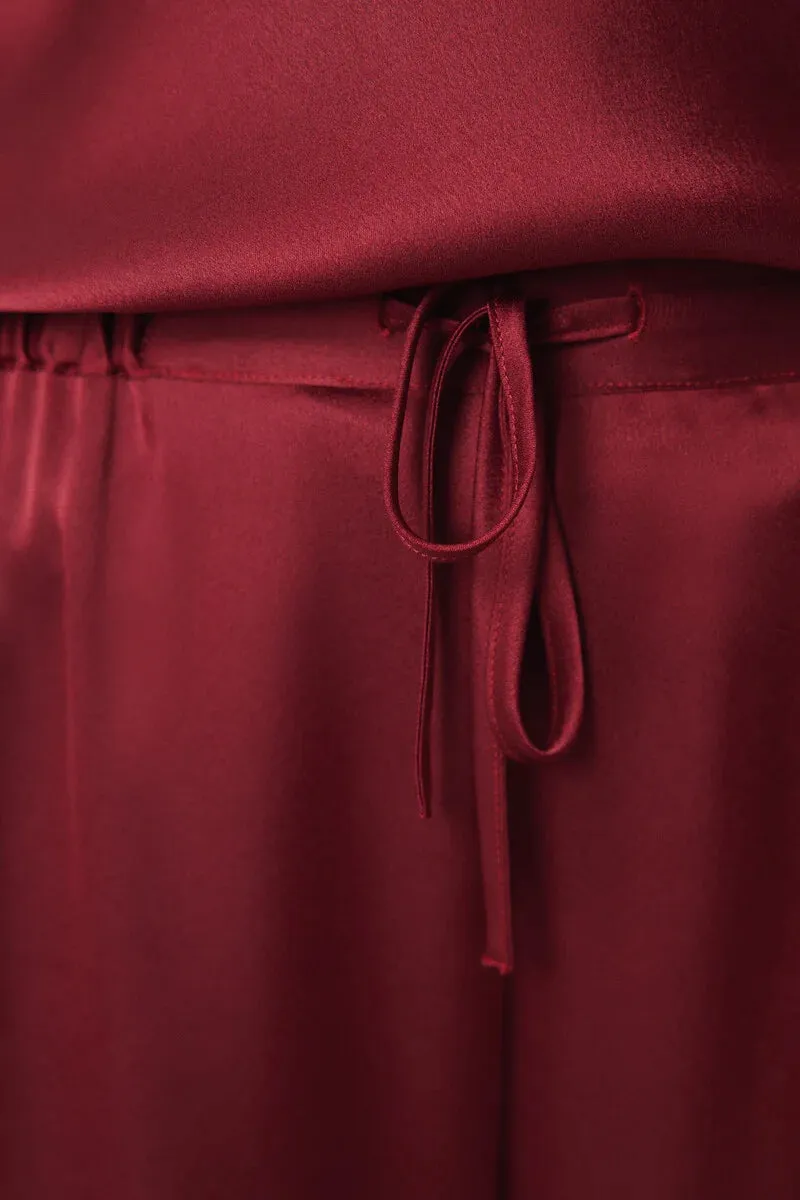 Garnet satin robe, top and pyjamas trouser set