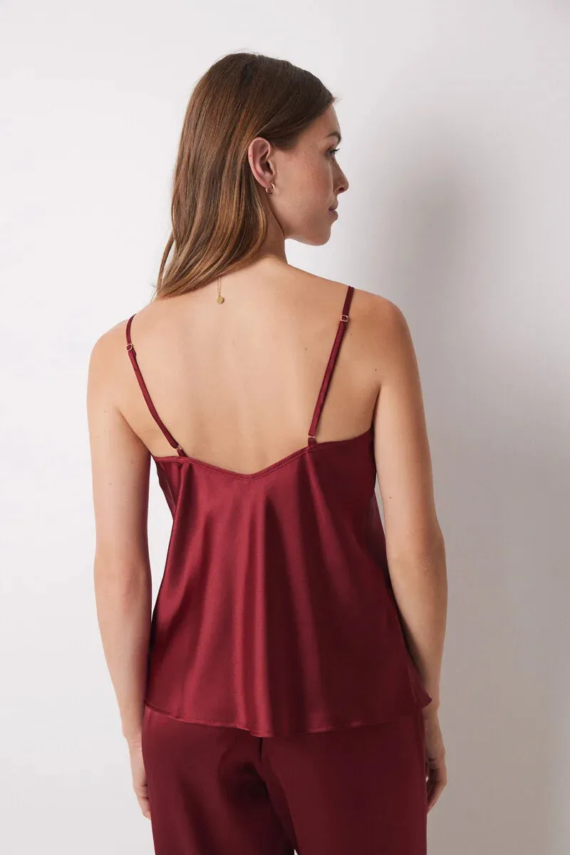 Garnet satin robe, top and pyjamas trouser set