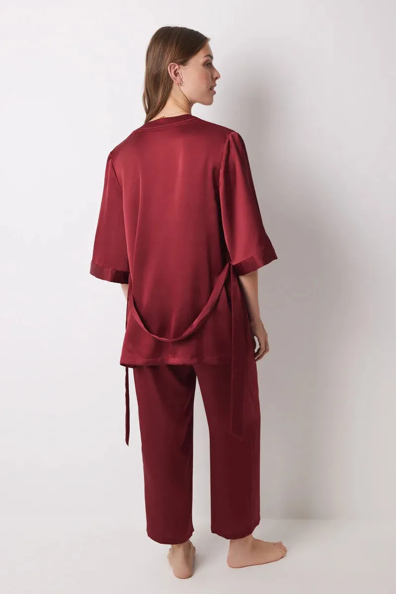 Garnet satin robe, top and pyjamas trouser set