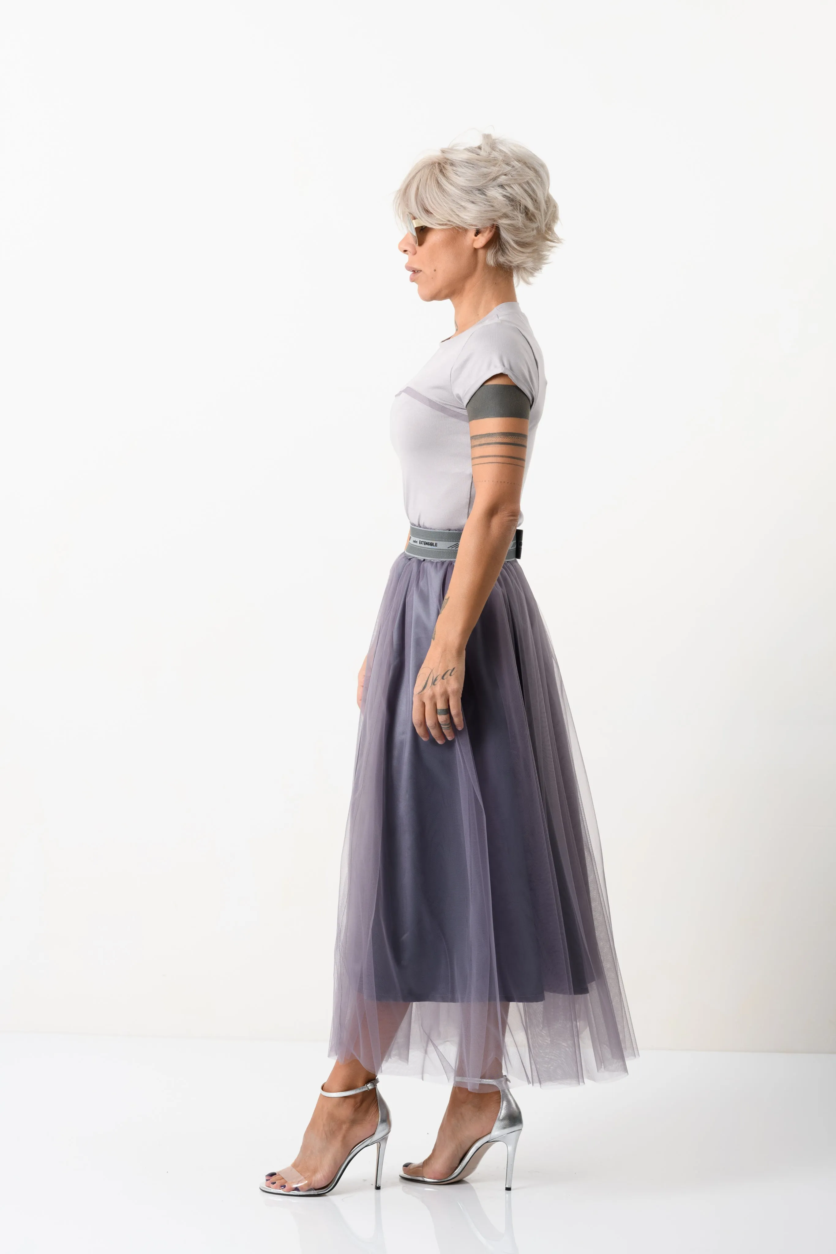 High-Waisted Midi Tulle Skirt in Muted Purple