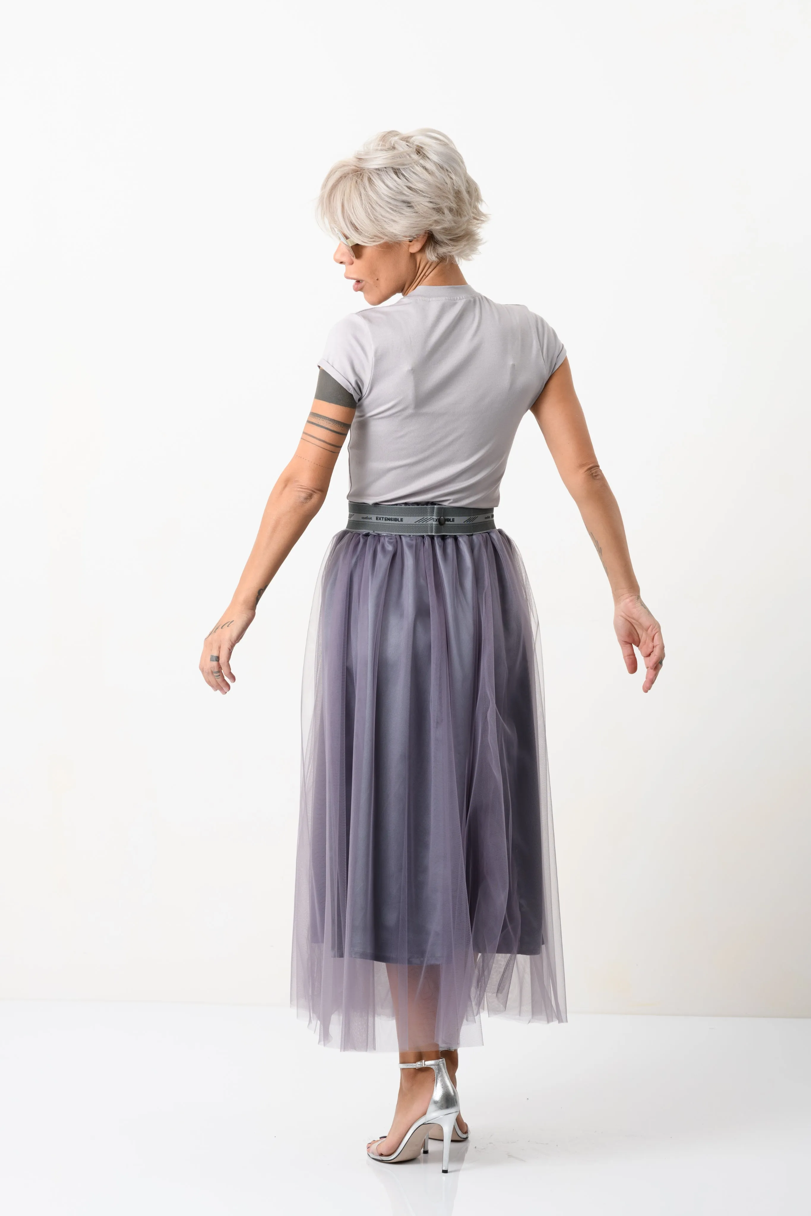 High-Waisted Midi Tulle Skirt in Muted Purple