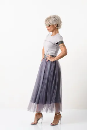 High-Waisted Midi Tulle Skirt in Muted Purple