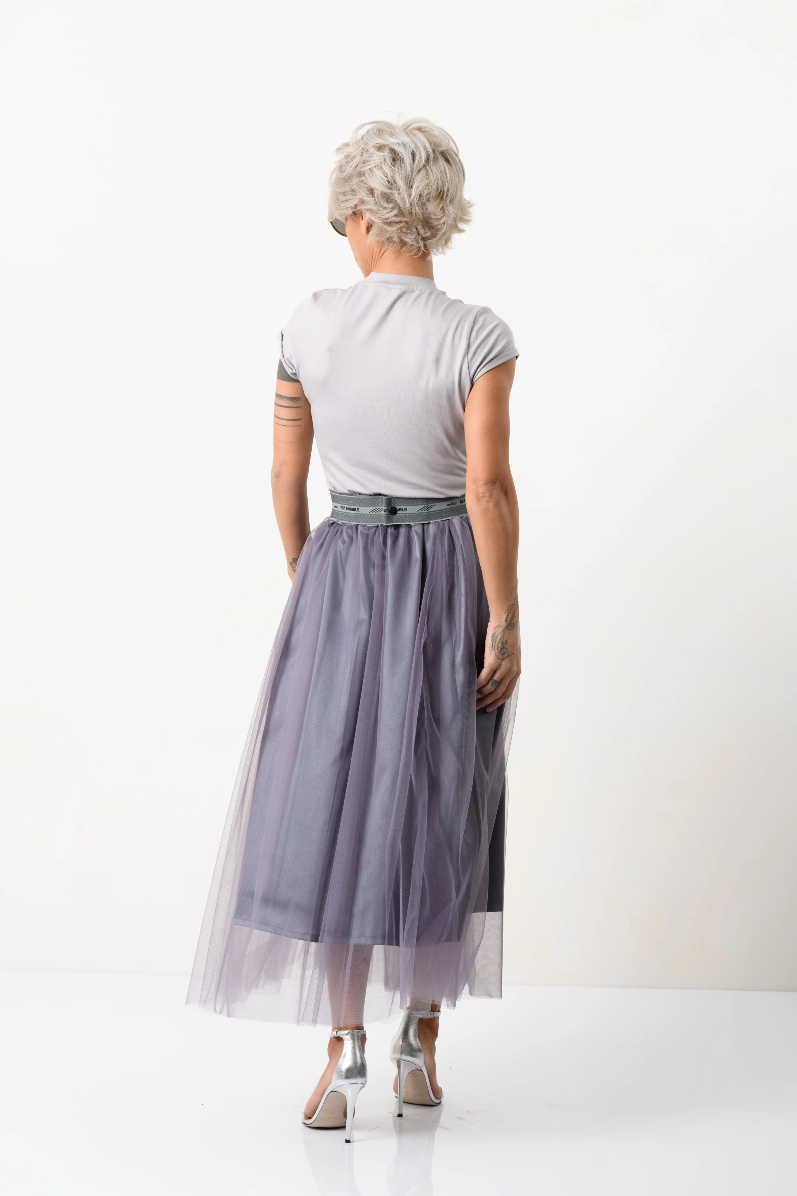 High-Waisted Midi Tulle Skirt in Muted Purple