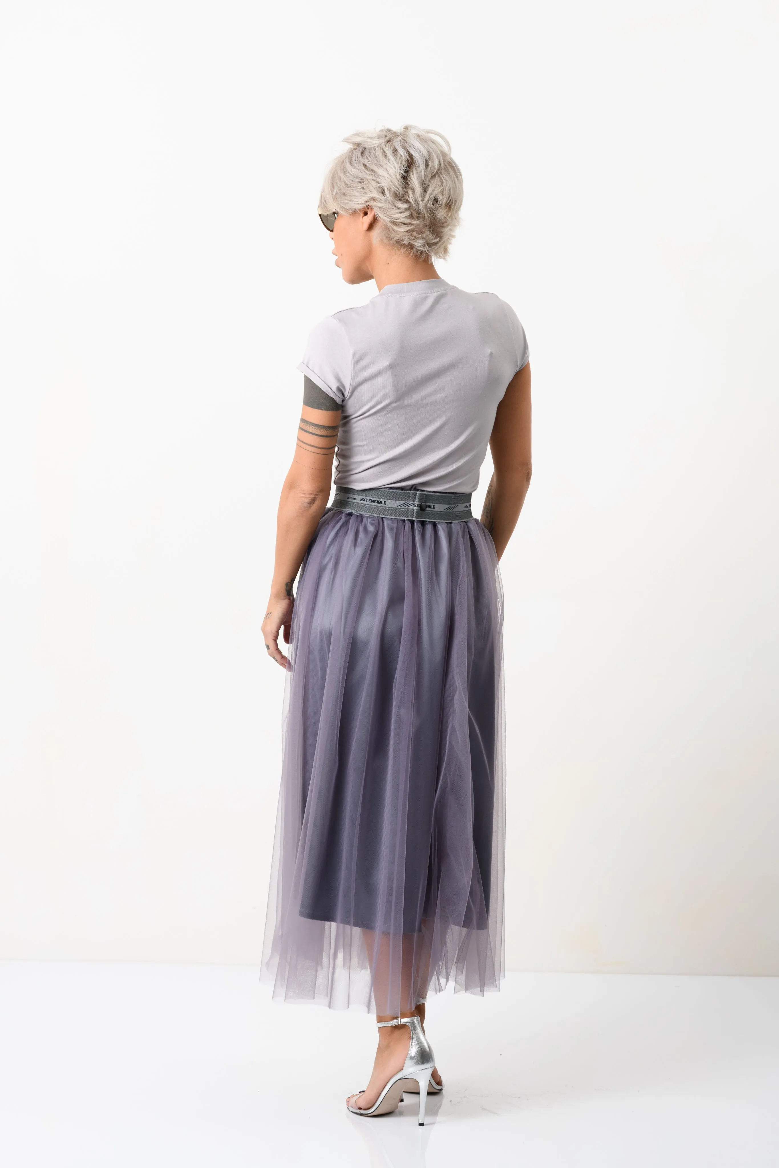 High-Waisted Midi Tulle Skirt in Muted Purple