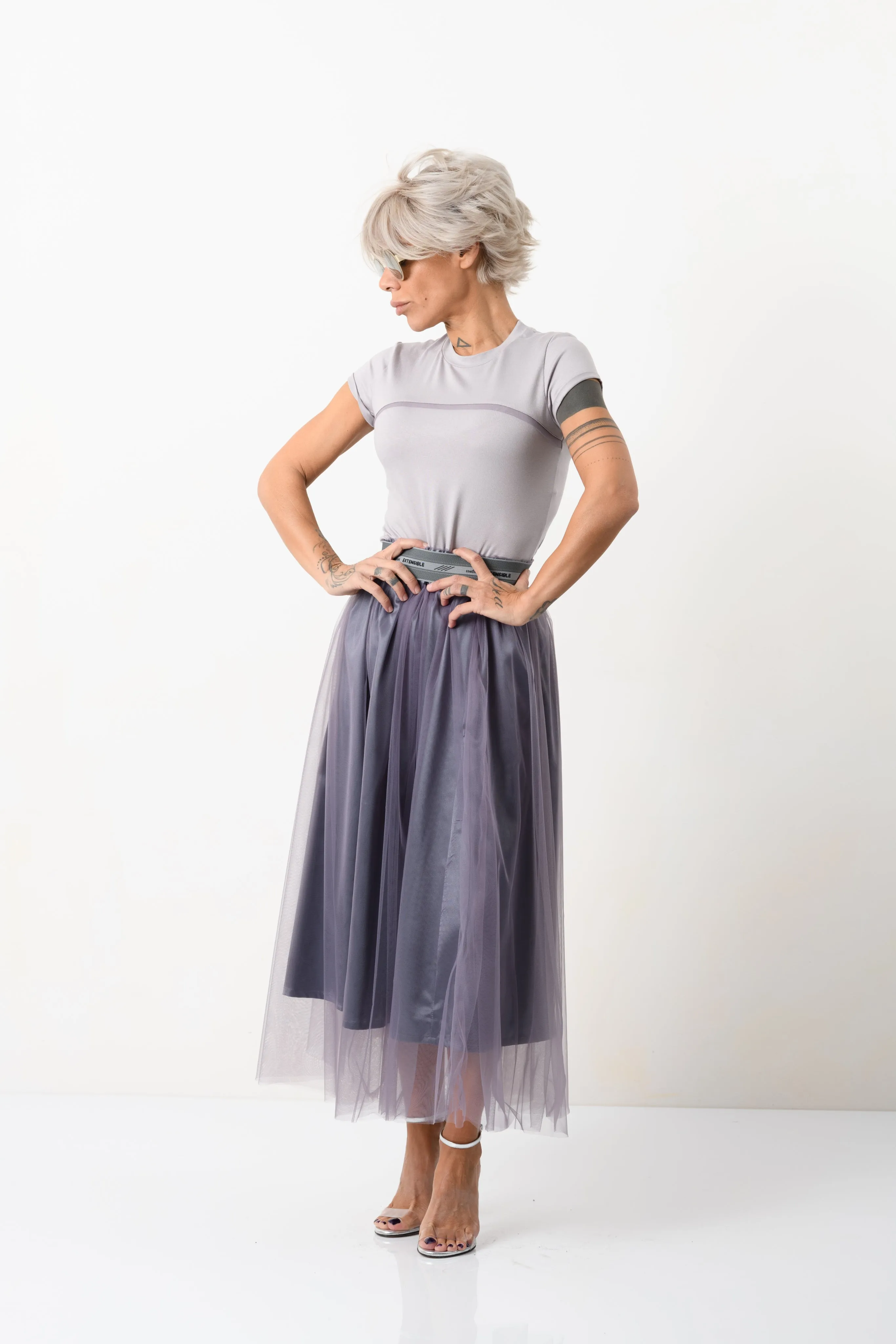 High-Waisted Midi Tulle Skirt in Muted Purple