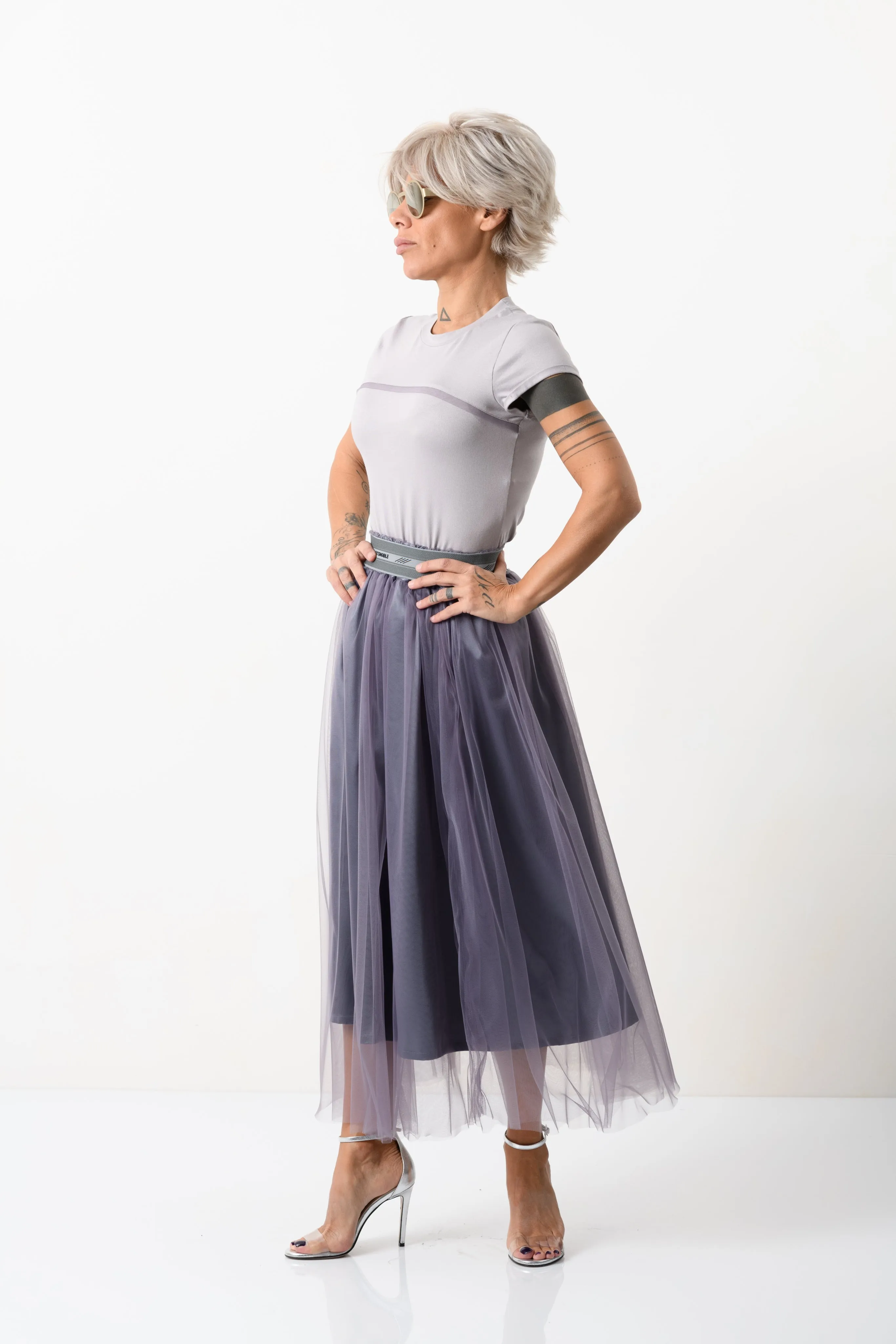 High-Waisted Midi Tulle Skirt in Muted Purple