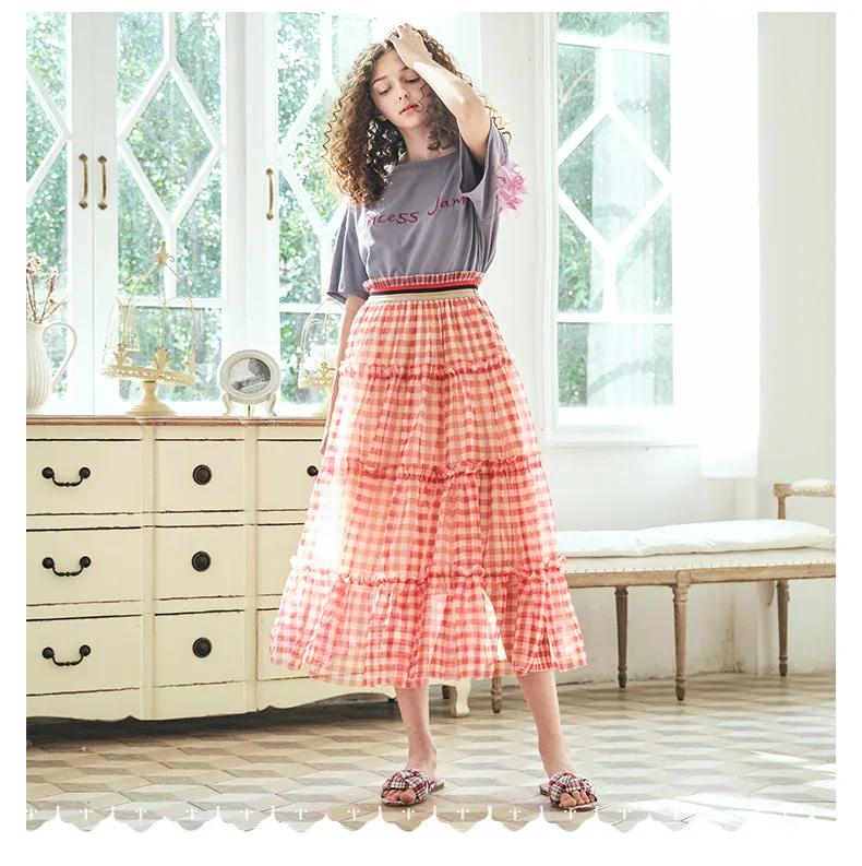 JAM PRINCESS RUFFLE MIDI SKIRT IN RED CHECK