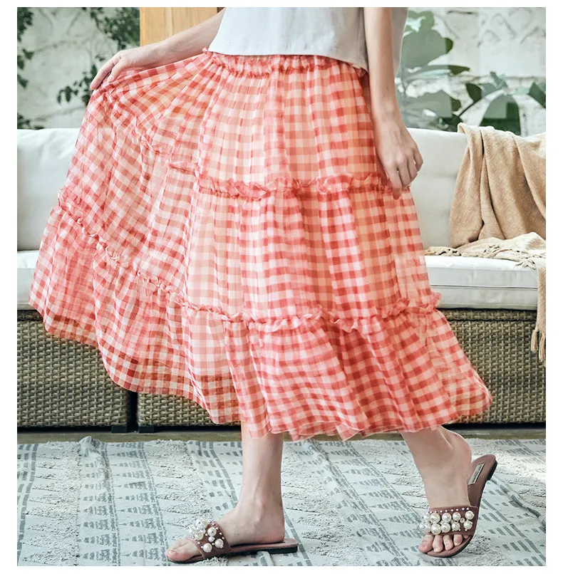 JAM PRINCESS RUFFLE MIDI SKIRT IN RED CHECK