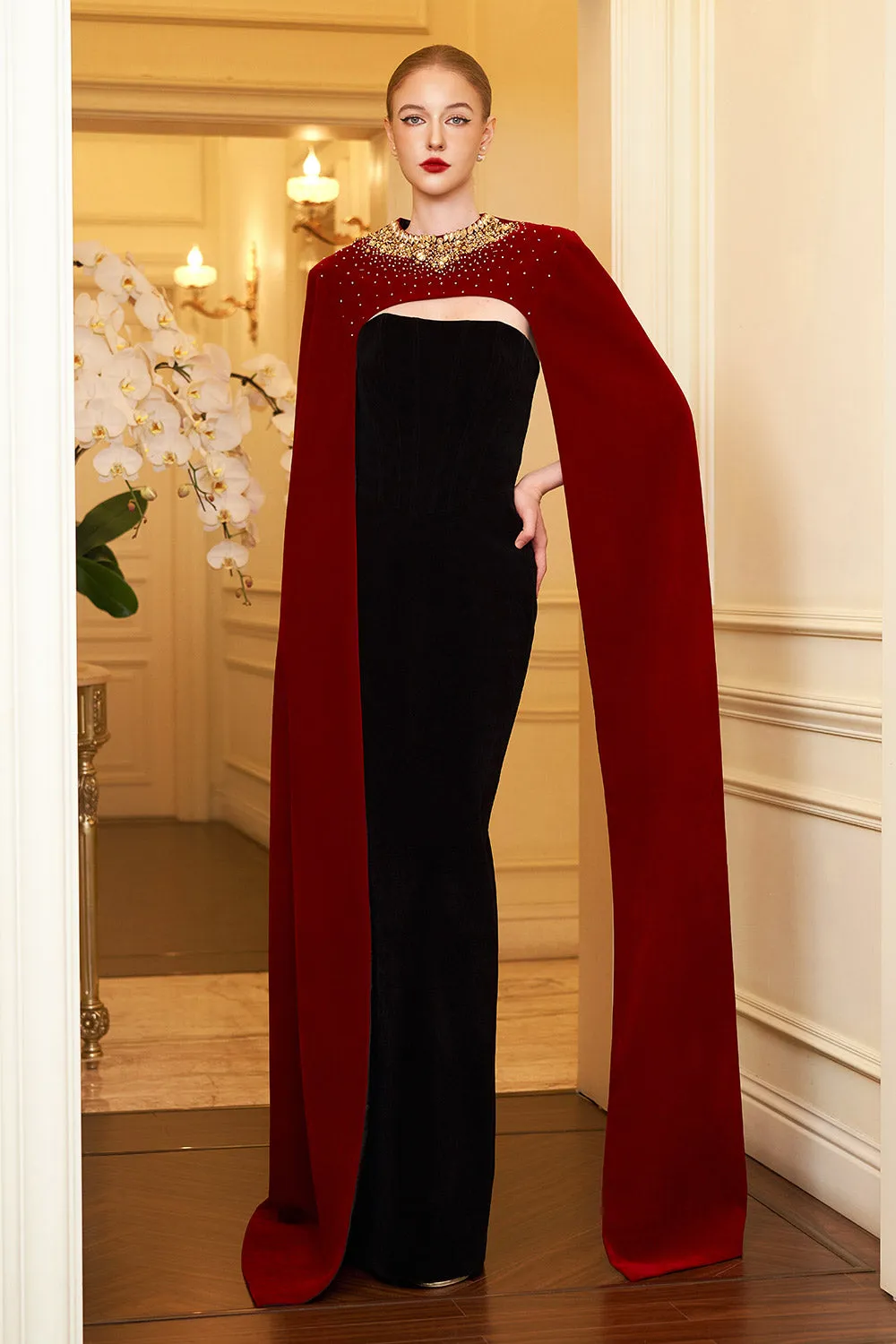 Kallie Sheath Cape Sleeved Velvet Floor Length Dress