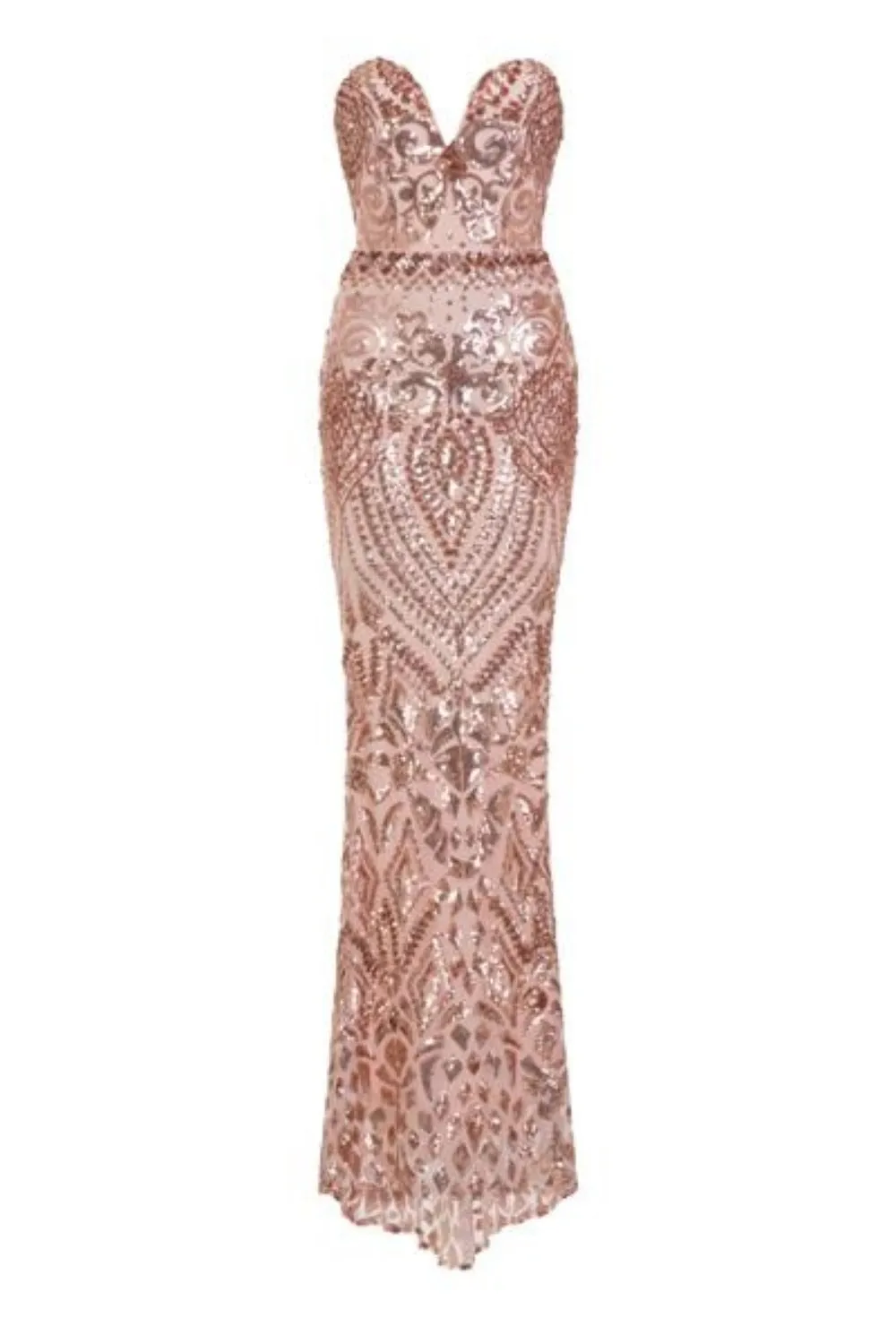 Kenza Gold Luxe Sweetheart Plunge Sequin Embellished Fishtail Dress