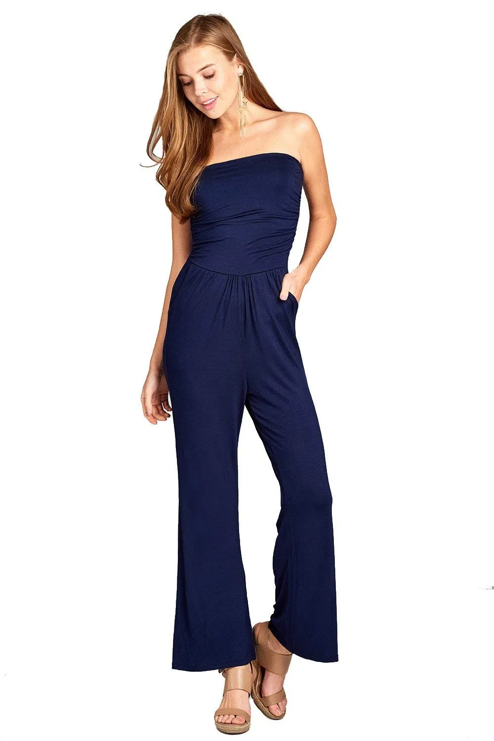 Khanomak Women's Tube Long Wide Leg Spandex Stretch Jumpsuit