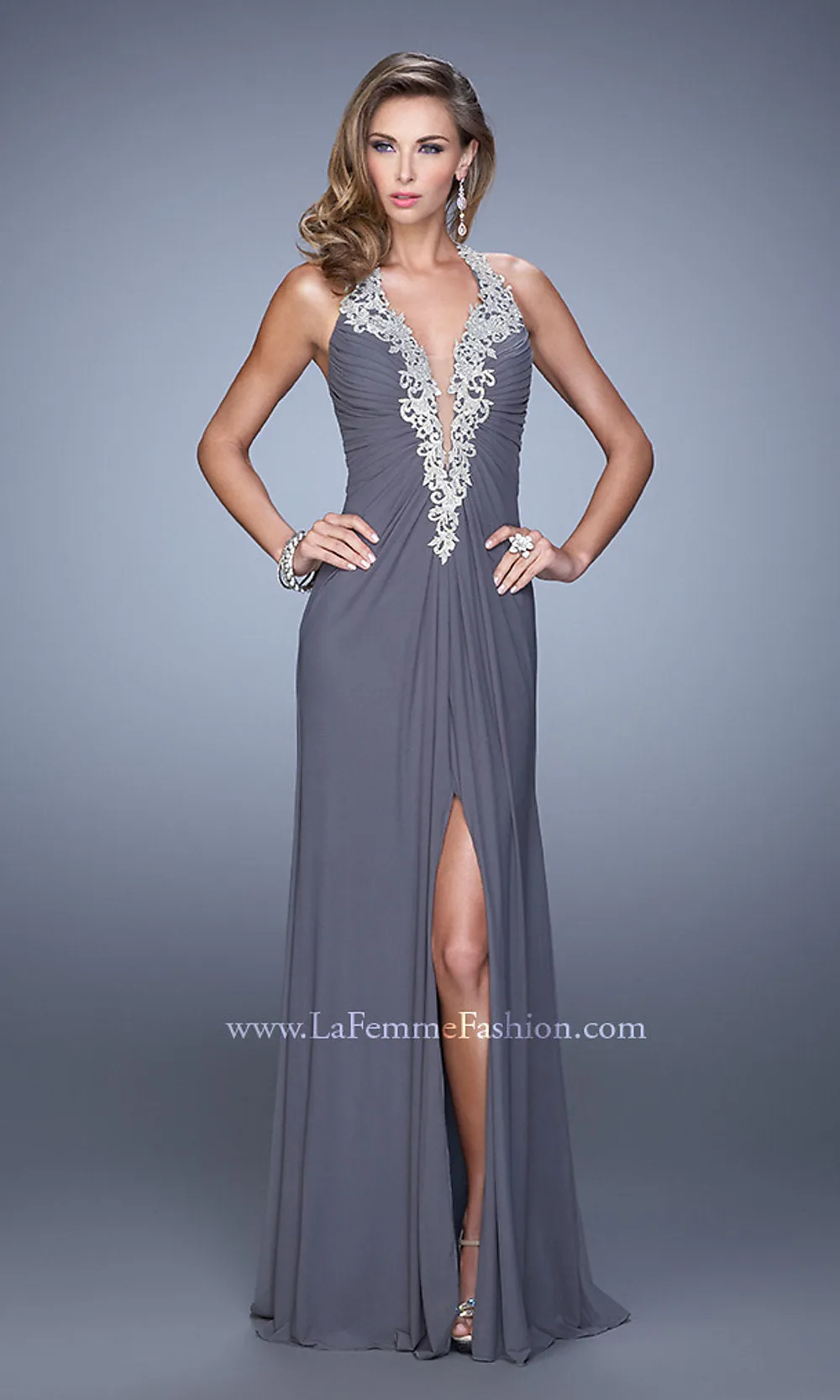 La Femme Deep V-Neck Halter Long Prom Dress