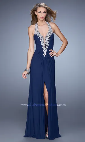 La Femme Deep V-Neck Halter Long Prom Dress