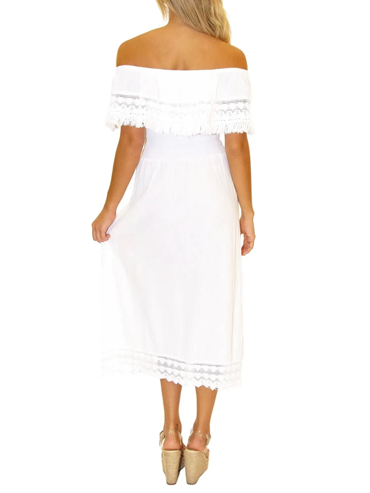 Lace Trim Midi Dress - White