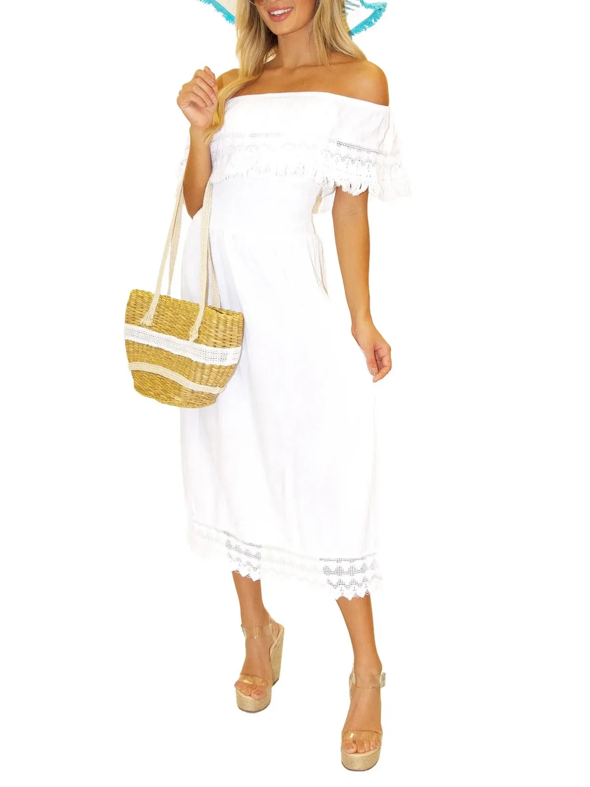 Lace Trim Midi Dress - White