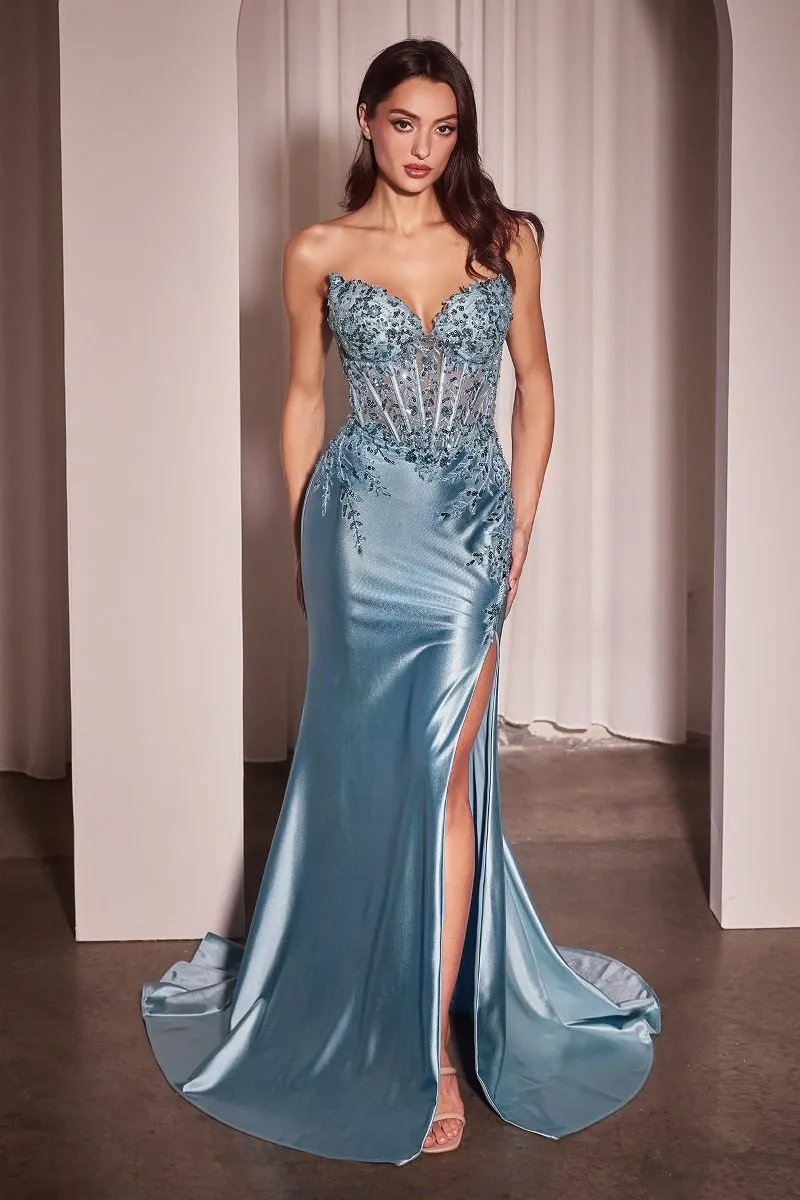 Ladivine KV1112 Long Fitted sheer Corset Prom Dress Formal Evening Gown Slit Sequin Lace