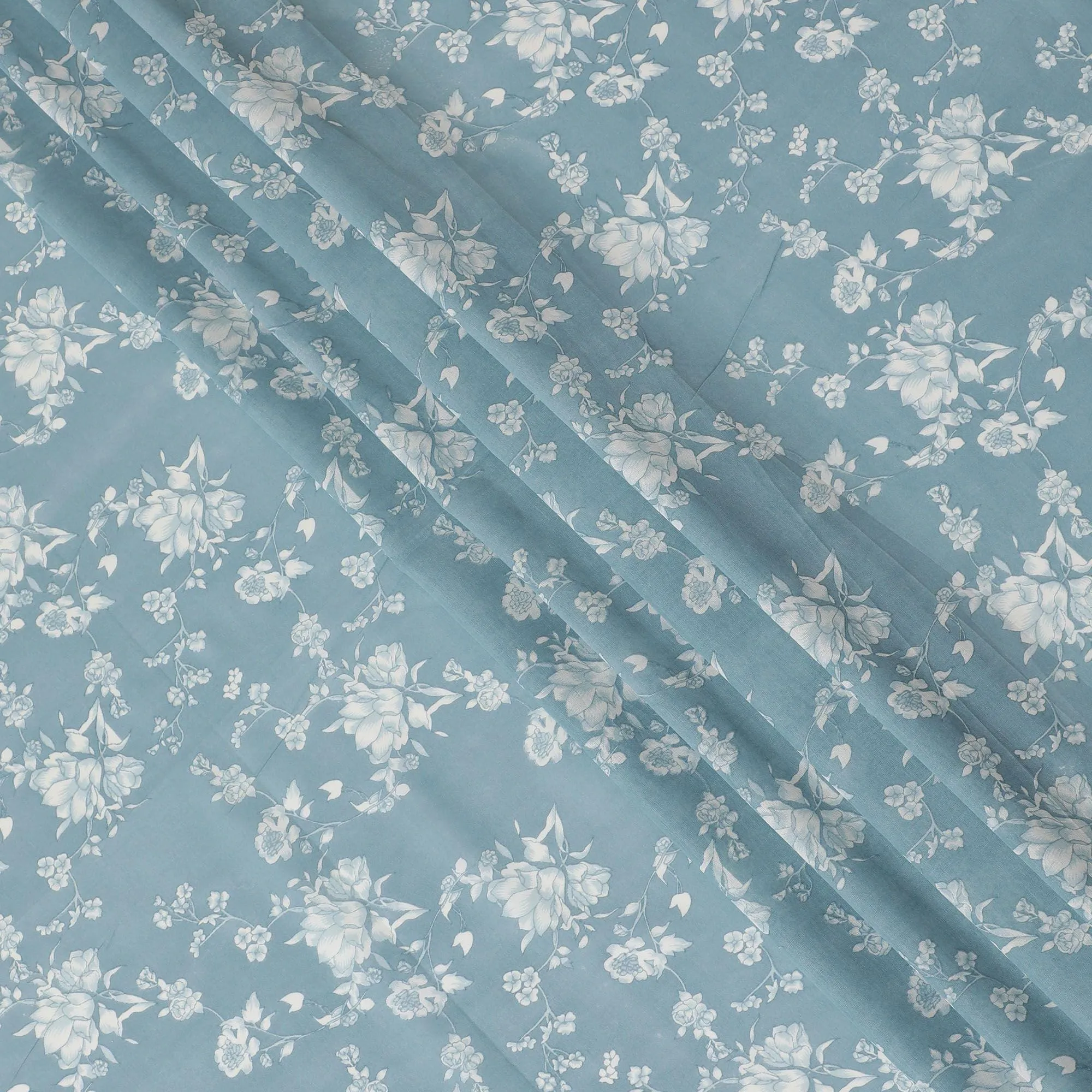 Light tiffany blue cotton voile fabric with beige print in floral design-D15157