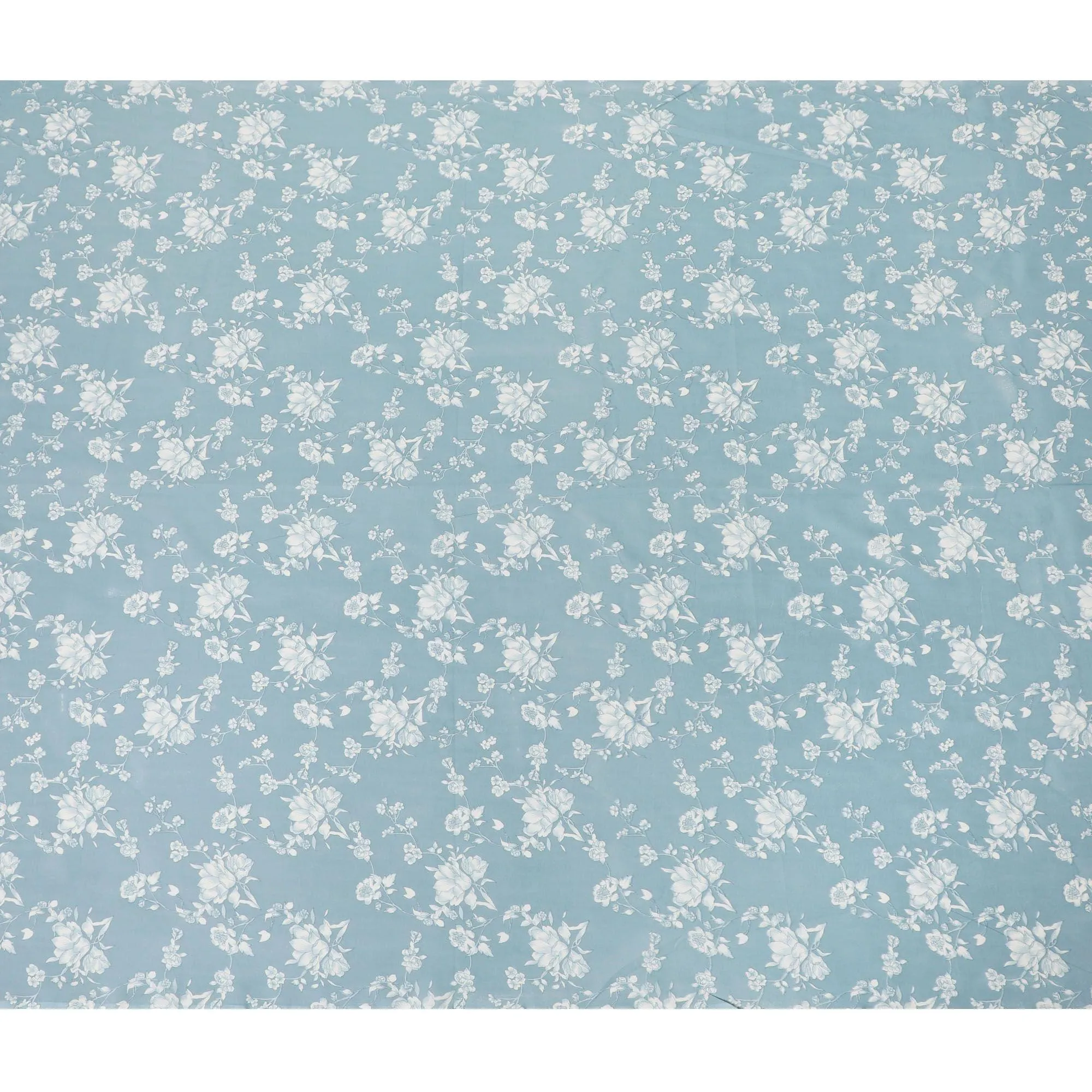 Light tiffany blue cotton voile fabric with beige print in floral design-D15157
