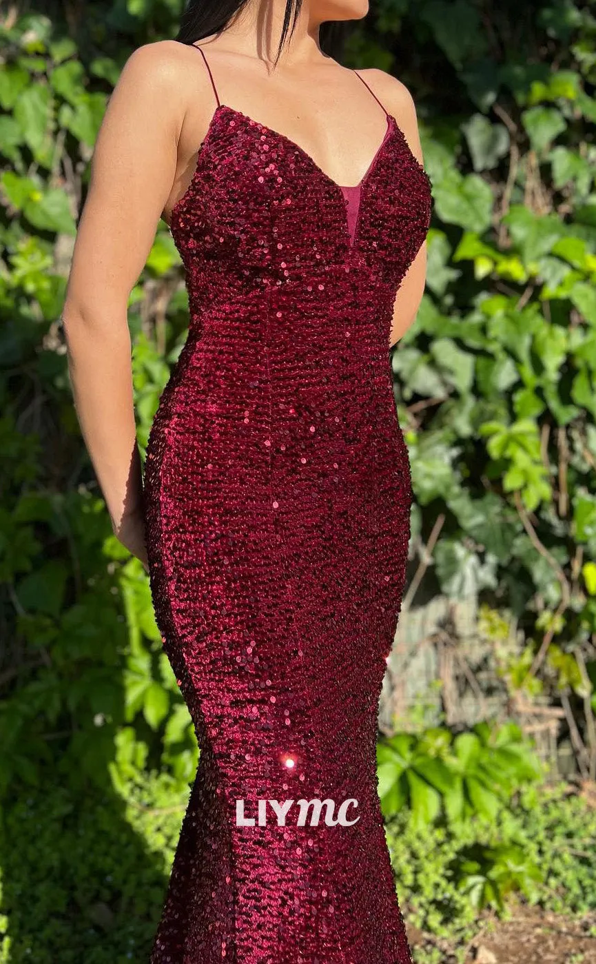 LP2174 - V-Neck Spaghetti Straps Sequins Sparkly Mermaid Prom Dress