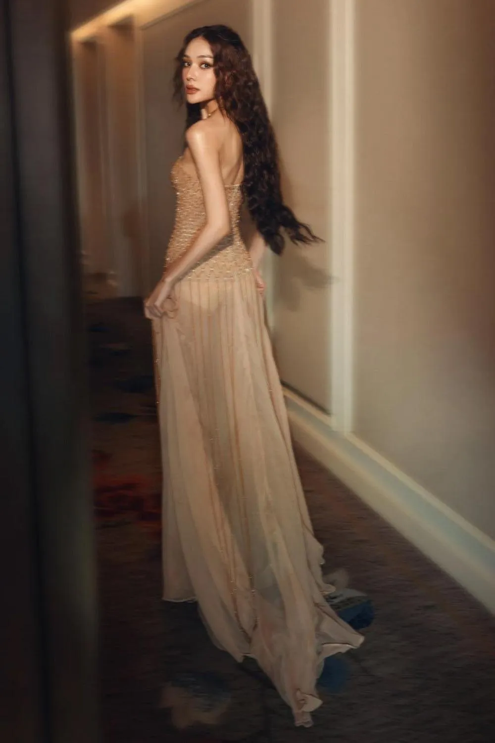 Lunairea Strapless Stone Chiffon Floor Length Dress