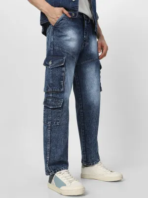 Men's Blue Loose Fit Cargo Jeans With 7 Pockets Non Stretchable