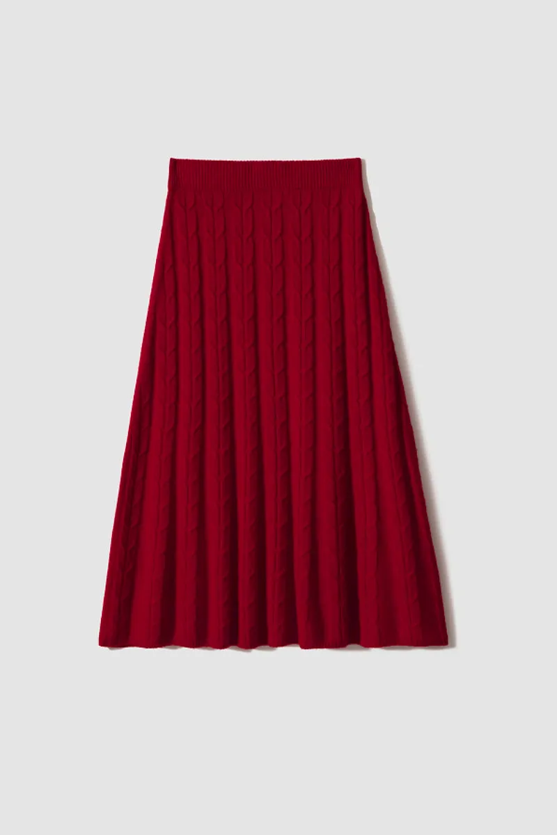 Merino Wool & Cashmere Blend A-Line Cable Knit Midi Sweater Skirt
