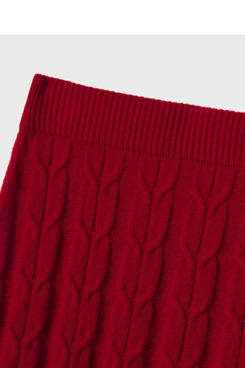 Merino Wool & Cashmere Blend A-Line Cable Knit Midi Sweater Skirt