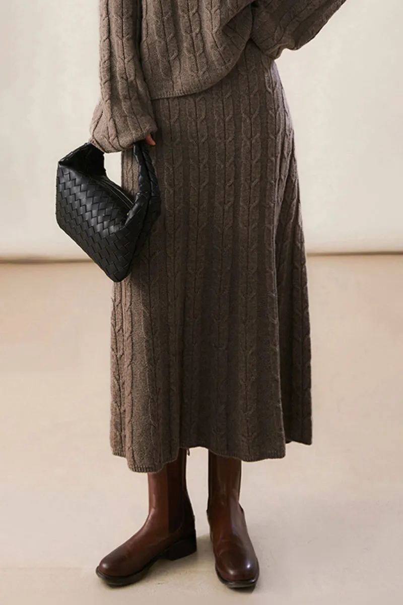 Merino Wool & Cashmere Blend A-Line Cable Knit Midi Sweater Skirt