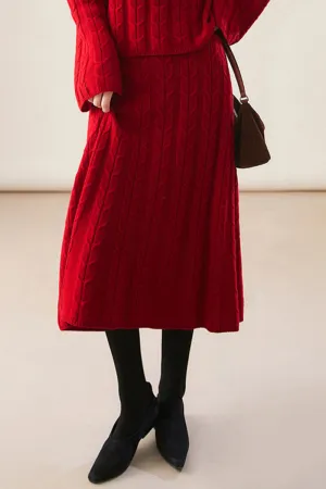 Merino Wool & Cashmere Blend A-Line Cable Knit Midi Sweater Skirt