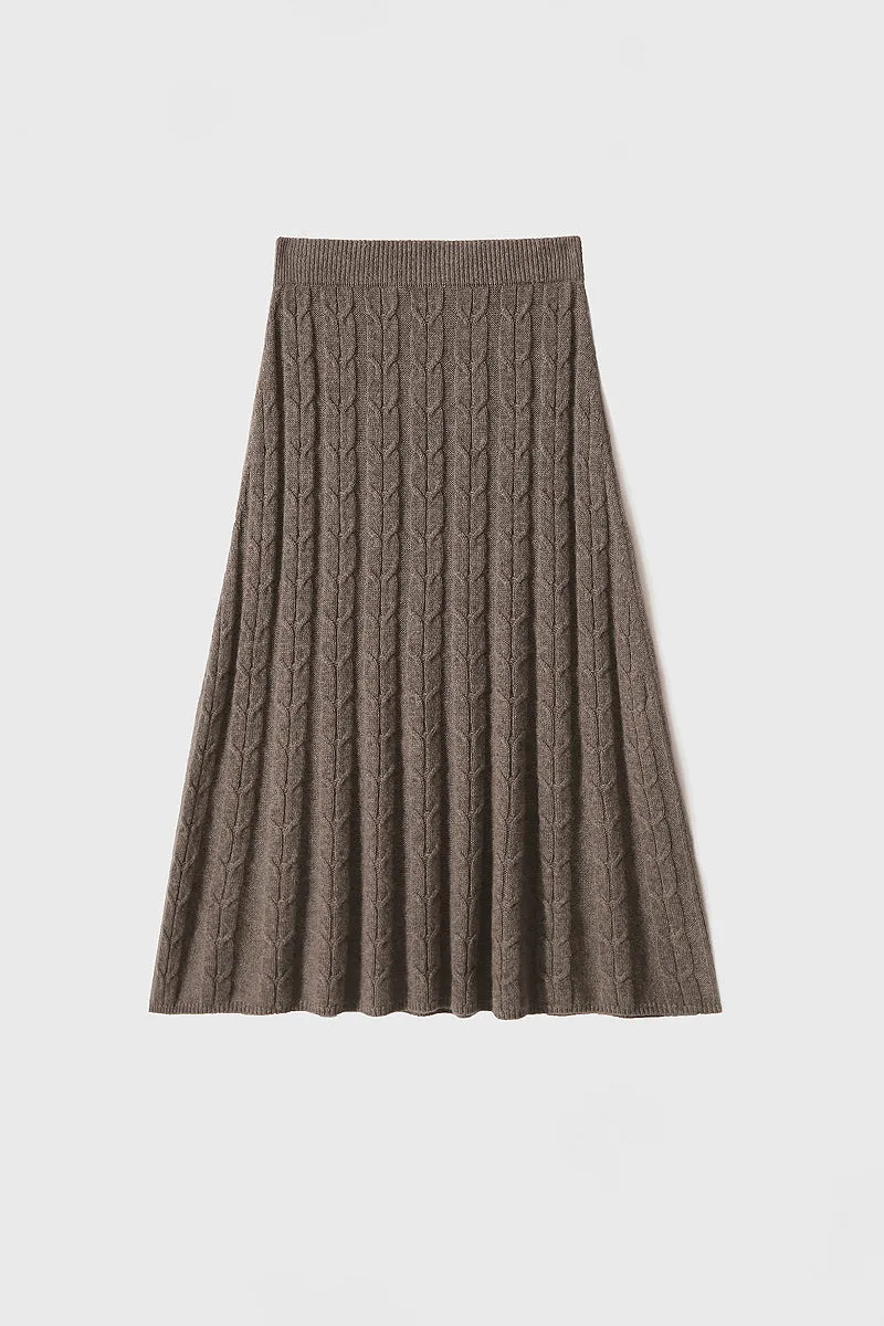 Merino Wool & Cashmere Blend A-Line Cable Knit Midi Sweater Skirt