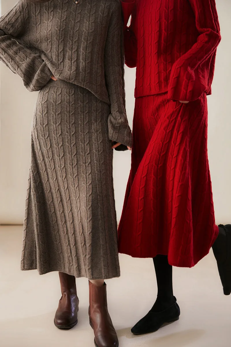 Merino Wool & Cashmere Blend A-Line Cable Knit Midi Sweater Skirt