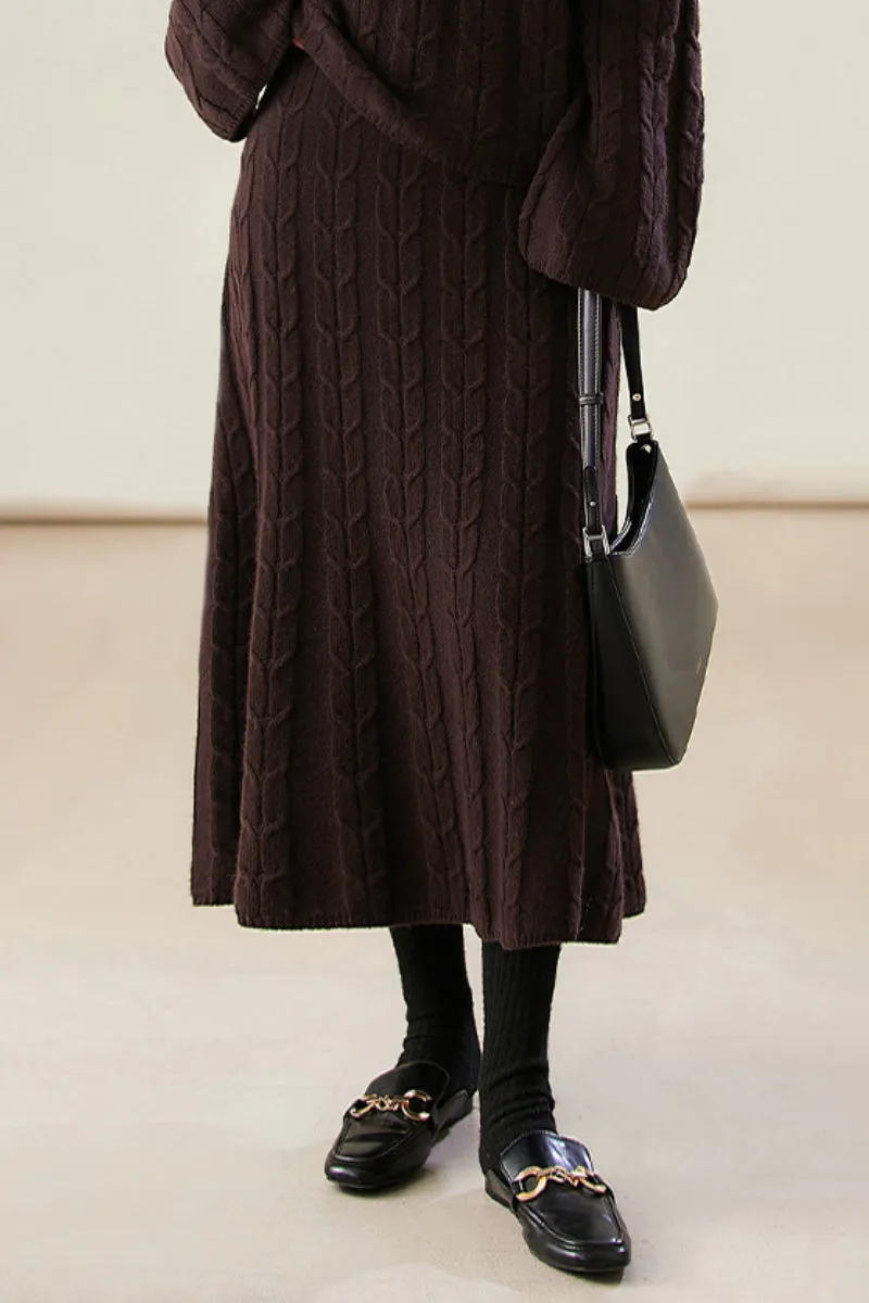 Merino Wool & Cashmere Blend A-Line Cable Knit Midi Sweater Skirt