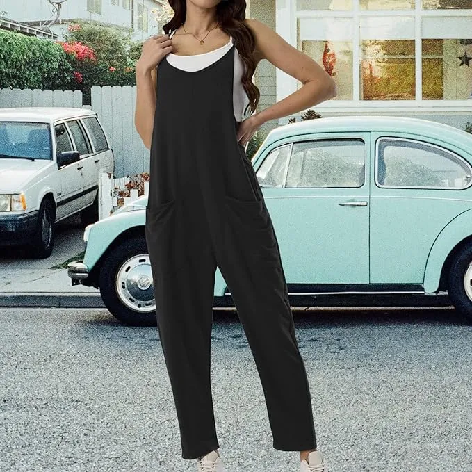 New CAIYING Jumpsuit for Women Casual Sleeveless Summer Romper Baggy Overalls with Pockets Black, Sz M