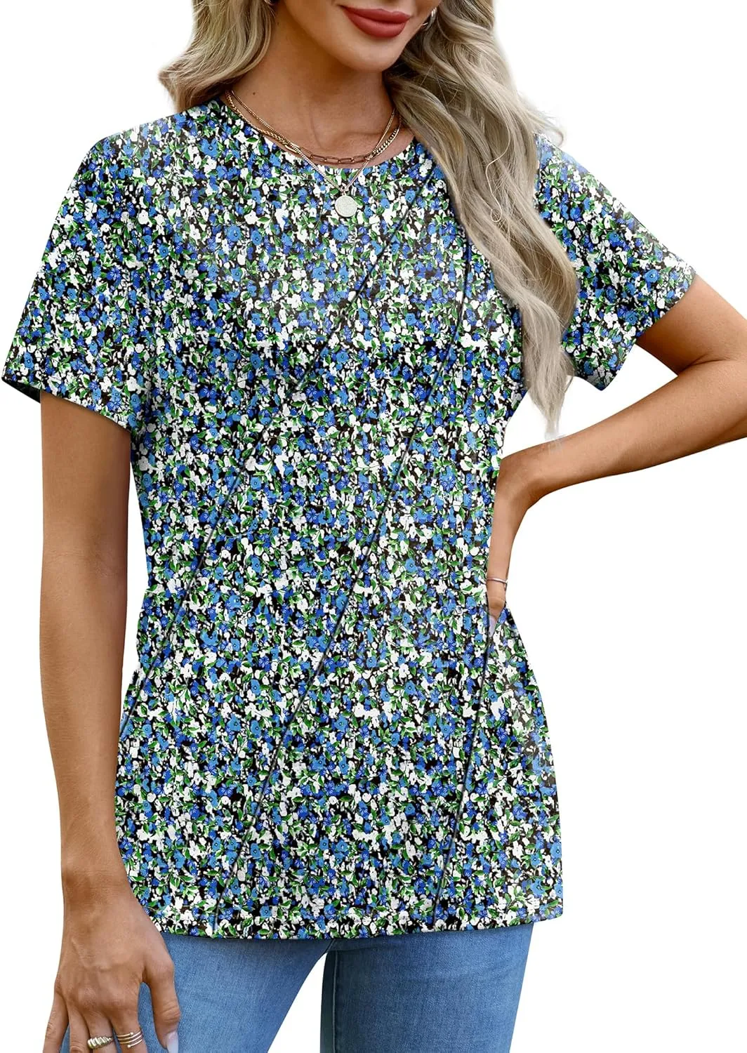 OFEEFAN Shirts for Women Short Sleeve Tops Pleated Crew Neck Casual Summer Fashion Tops Loose Fit