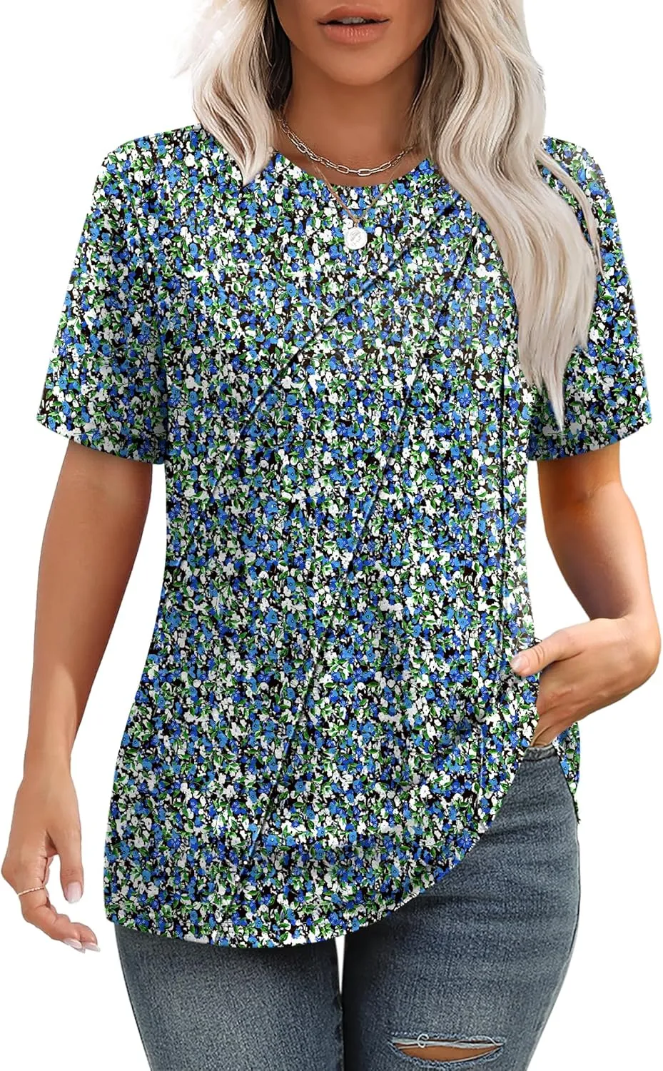 OFEEFAN Shirts for Women Short Sleeve Tops Pleated Crew Neck Casual Summer Fashion Tops Loose Fit