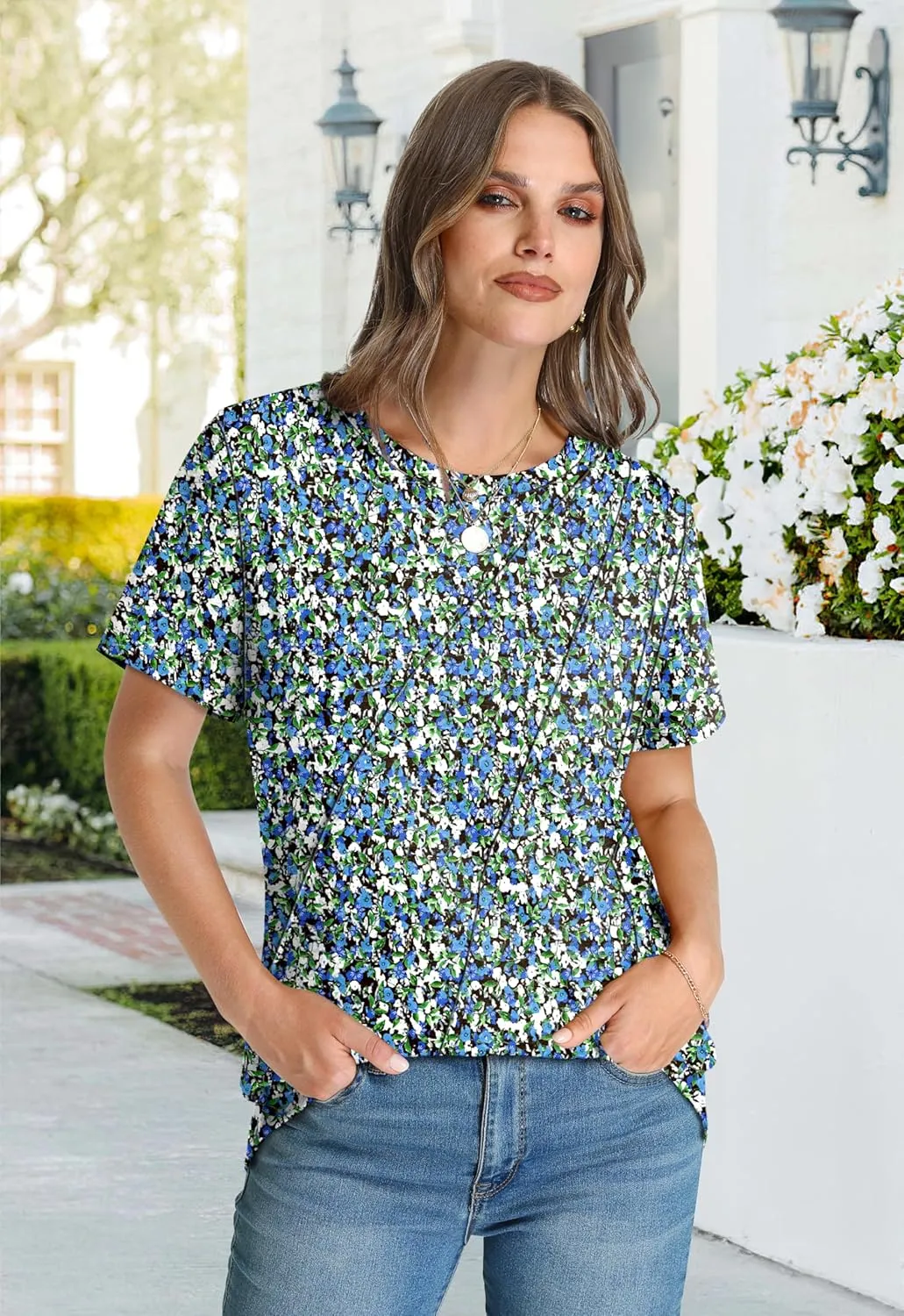 OFEEFAN Shirts for Women Short Sleeve Tops Pleated Crew Neck Casual Summer Fashion Tops Loose Fit