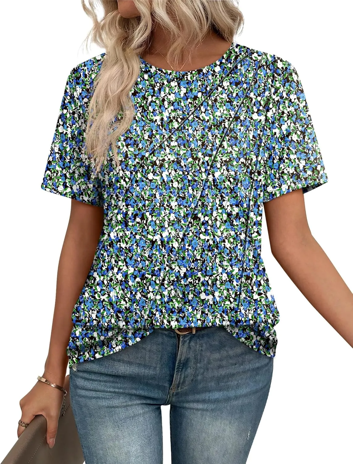 OFEEFAN Shirts for Women Short Sleeve Tops Pleated Crew Neck Casual Summer Fashion Tops Loose Fit