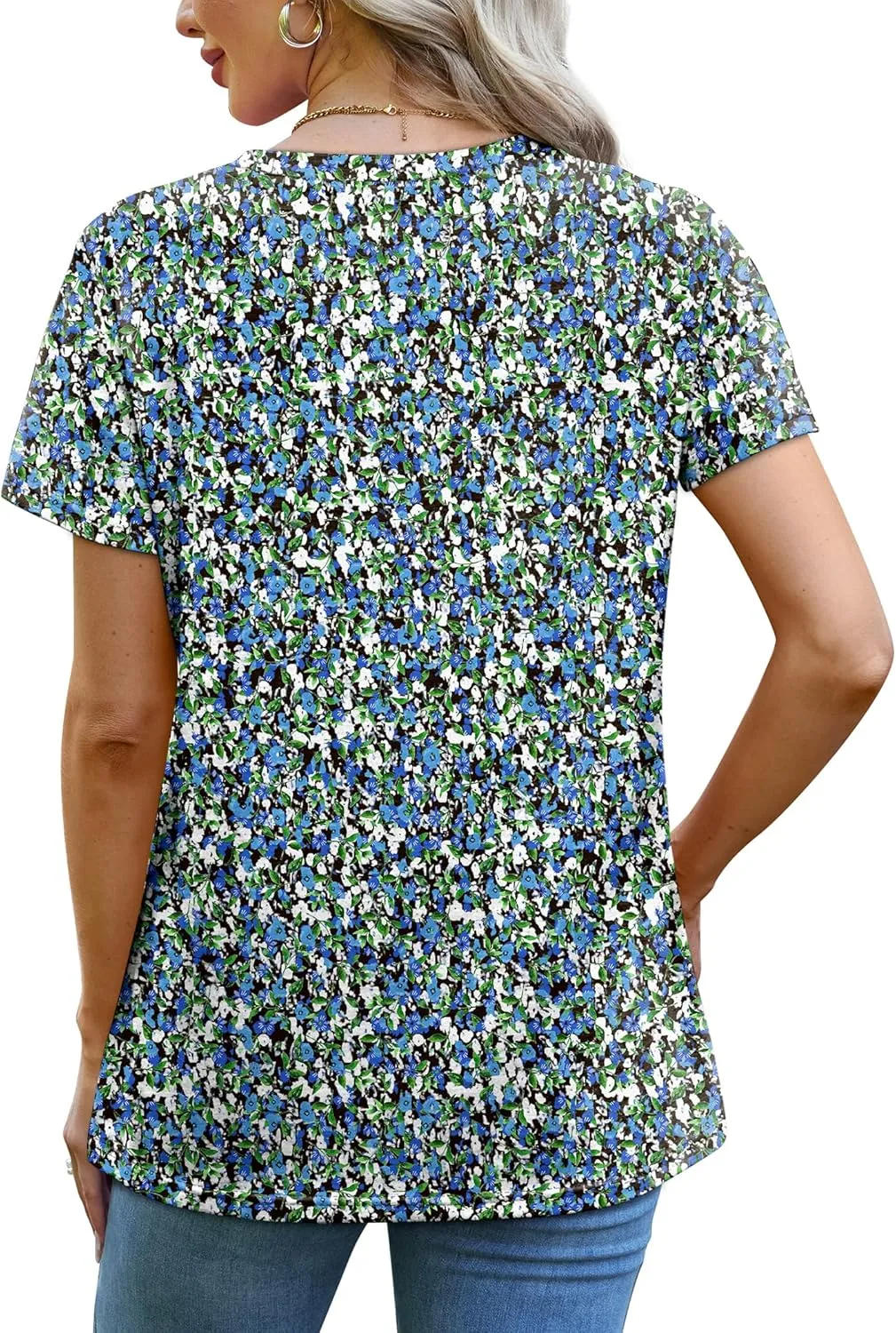 OFEEFAN Shirts for Women Short Sleeve Tops Pleated Crew Neck Casual Summer Fashion Tops Loose Fit