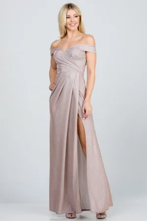 Off the shoulder glittery jacquard gathered gown